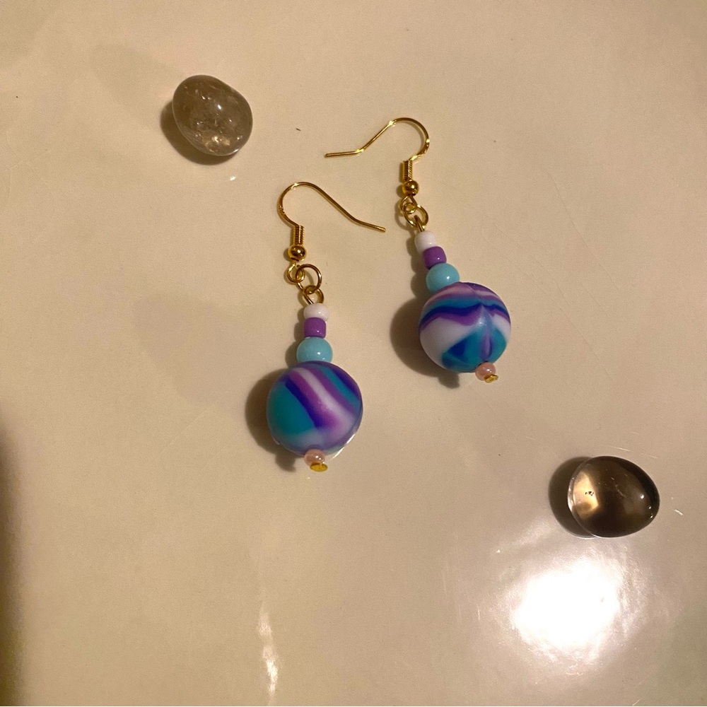 Elegant Gold and Purple Swirl Earrings Tie Dye Hook Beaded